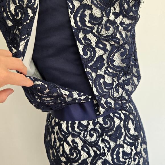 Tadashi Shoji Lace Cocktail Dress Navy Cap Sleeve Tie Waist Event Women 2 - Picture 9 of 13